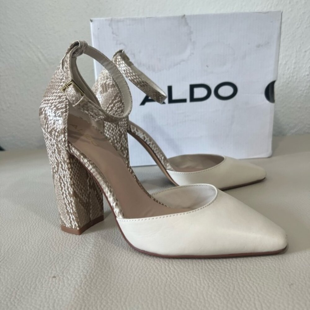 ALDO Beige Snakeprint Block Heel Ankle strap Shoes sz 6 Women